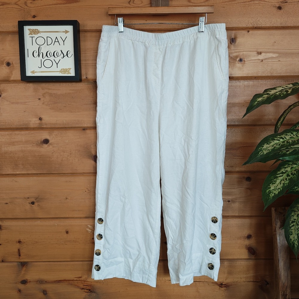 John Mark White Loose Straight Pull-On Linen Crop Pants Button Hem Coastal Sz L